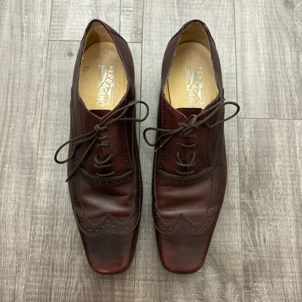 Salvatore Ferragamo Brown Wing Tip Square Toe Lace Up Dress Shoes Size 11 - Picture 3 of 7
